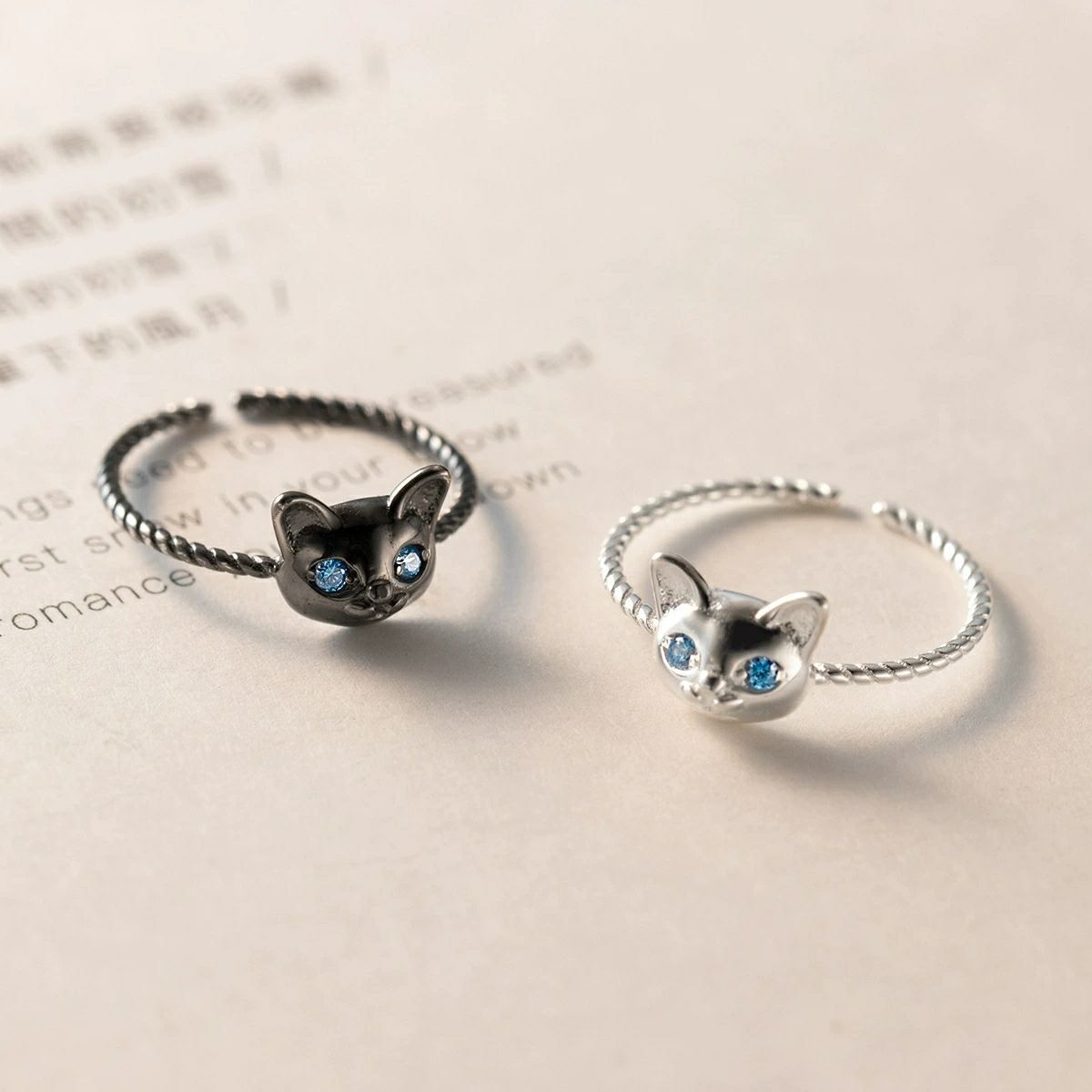 Statement Cocktail Ring - 925 Sterling Silver Cat Rings Adjustable